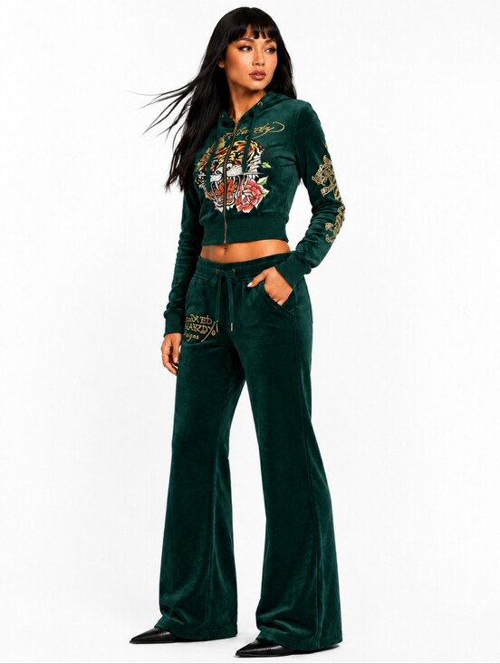 Ed Hardy Pants - 2PC SET ED HARDY Velour Tracksuit Green Tiger WIDE LEG Hoodie Joggers MEDIUM NWT